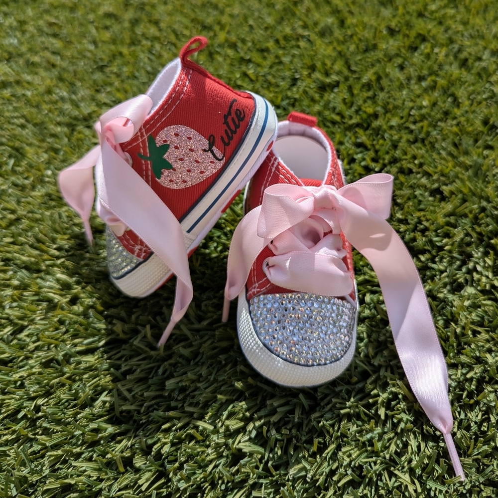 NEW Cute Custom Red and Pink Baby Berry Embellished Sneakers
